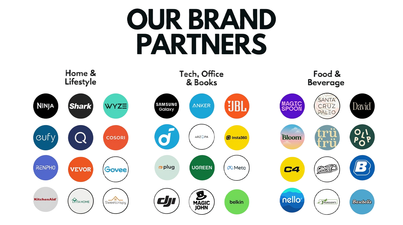 Our brand partners including Ninja, Shark, Wyze, Samsung, Anker, JBL, Magic Spoon, Santa Cruz Paleo, and more
