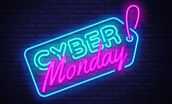 Neon Cyber Monday sign on a brick wall