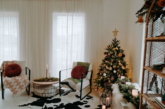 Living room decorated for the holidays with a Christmas tree